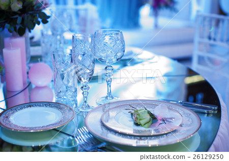 festive decorated table in the restaurant for festive decorated table in the restaurant for 26129250