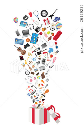 a gift box with general shopping objects a gift box with general shopping objects 26129253