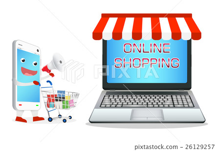 smartphone cartoon shopping at laptop online store smartphone cartoon shopping at laptop online store 26129257