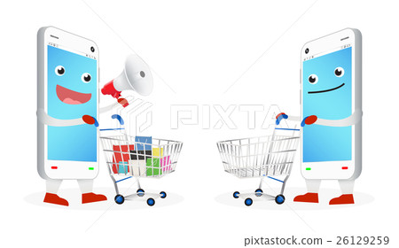 smartphone cartoon shopping with a shopping cart smartphone cartoon shopping with a shopping cart 26129259