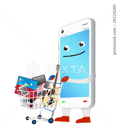 smartphone cartoon with shopping cart smartphone cartoon with shopping cart 26129260