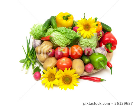 fresh vegetables and blooming sunflowers 26129687