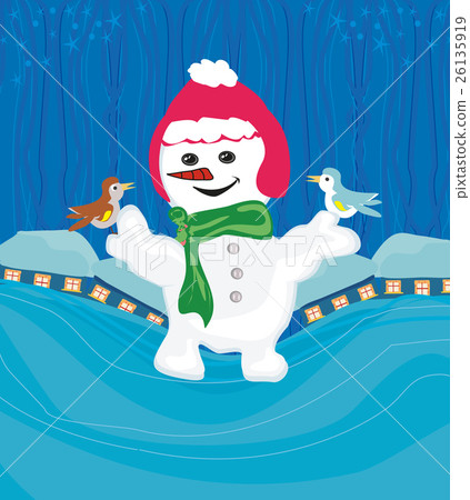 snowman with a scarf and bird sitting on his hand snowman with a scarf and bird sitting on his hand 26135919