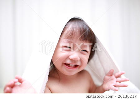 Bathing towel (baby lifestyle baby child raising childcare naked white bunk) 26136217