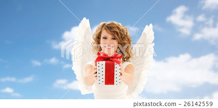 happy young woman with angel wings and gift box happy young woman with angel wings and gift box 26142559