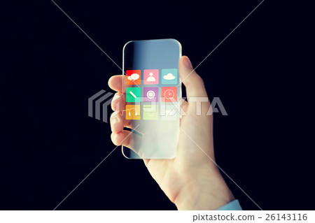 close up of male hand with transparent smartphone 26143116