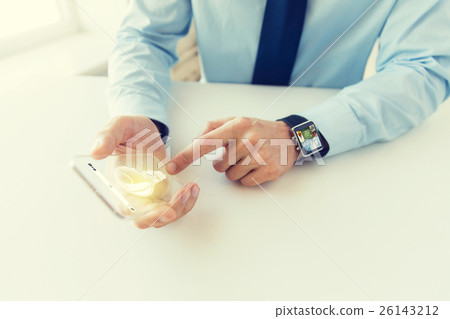 close up of hands with smart phone and watch 26143212