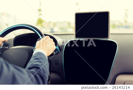 close up of businessman with tablet pc driving car 26143214