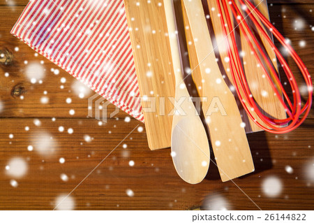 close up of cooking kitchenware on wooden board close up of cooking kitchenware on wooden board 26144822