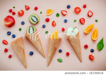 Cones and colorful various fruits raspberry. Cones and colorful various fruits raspberry. 26146616