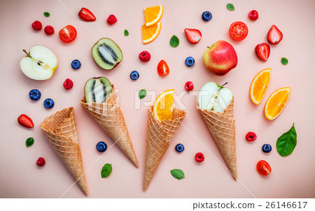 Cones and colorful various fruits raspberry . Cones and colorful various fruits raspberry . 26146617