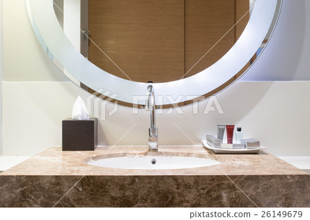 Washbasin with decoration in bathroom. Washbasin with decoration in bathroom. 26149679