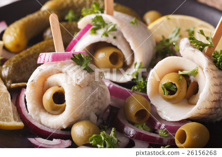 rollmops herring with olives, onions and pickles rollmops herring with olives, onions and pickles 26156268