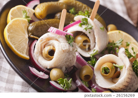 rollmops herring with olives, onions and pickles rollmops herring with olives, onions and pickles 26156269