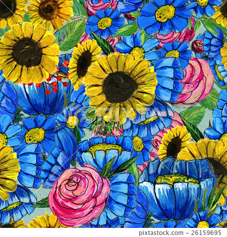 Seamless pattern with blue yellow and pink flowers Seamless pattern with blue yellow and pink flowers 26159695