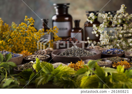 Herbal medicine on wooden desk background 26160821
