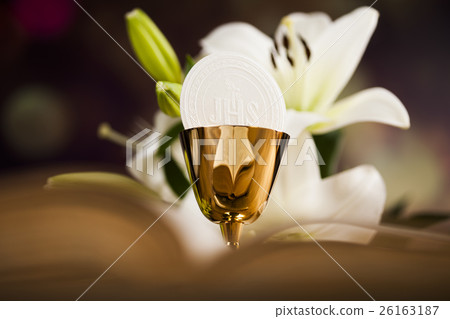 Holy communion a golden chalice with grapes Holy communion a golden chalice with grapes 26163187