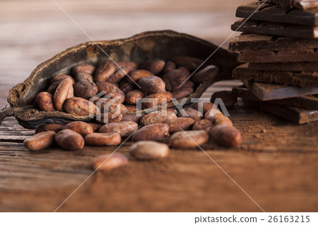 Cocoa pod and cocoa beans on the wooden table 26163215
