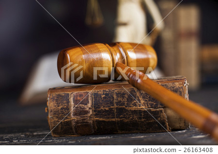 Mallet of the judge, justice scale, wooden desk  26163408