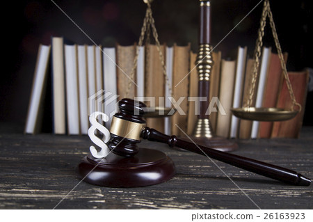 Law book, mallet of the judge, justice scale 26163923
