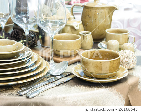 Set of dishes on table Set of dishes on table 26168545
