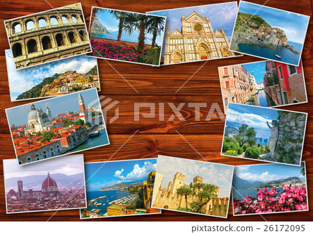 Collage from photos of Italy on wooden background Collage from photos of Italy on wooden background 26172095