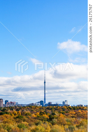 blue sky over autumn forest and city with tv tower blue sky over autumn forest and city with tv tower 26175767