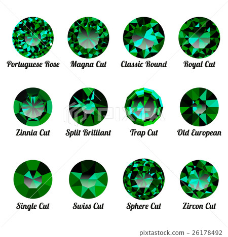 Set of realistic green emeralds with round cuts Set of realistic green emeralds with round cuts 26178492