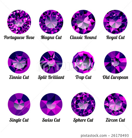 Set of realistic purple amethysts with round cuts Set of realistic purple amethysts with round cuts 26178493