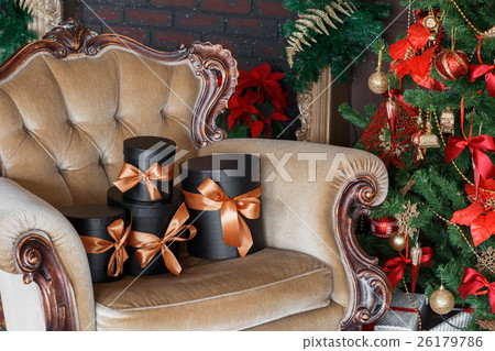 Wrapped gift black boxes with ribbons as Christmas 26179786
