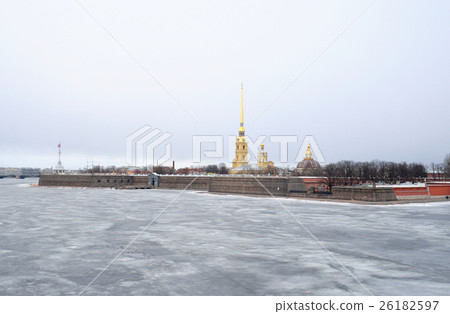 Frozen River Neva and Peter and Paul Fortress. Frozen River Neva and Peter and Paul Fortress. 26182597