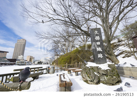 久保田城堡廢墟覆蓋著冰和雪在寒冷的冬天Hori和主要門的鴿子 久保田城堡廢墟覆蓋著冰和雪在寒冷的冬天Hori和主要門的鴿子 26190513