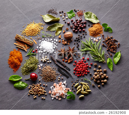 Herbs and spices on a black board Herbs and spices on a black board 26192908