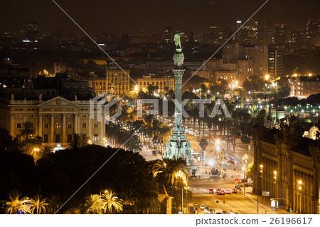 Barcelona Cityscape and Columbus Monument by Night 26196617