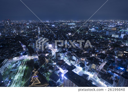 Tokyo Urban landscape Wide panoramic nightscape overhead view Horizon line Sumida Ward Katsushika ku Residential electric 26199848