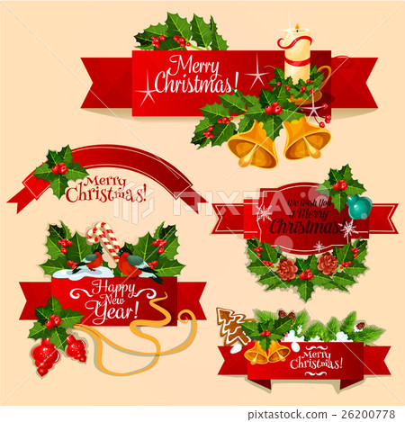 Christmas and New Year red ribbon banner set Christmas and New Year red ribbon banner set 26200778