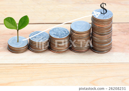 young plant grown to stack silver coin in business growth concept. 26208231