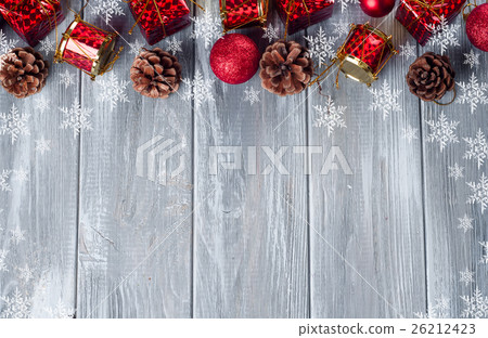 Frame of Christmas red toys and tree Frame of Christmas red toys and tree 26212423