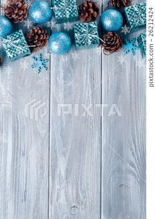 Frame of Christmas blue toys and cones Frame of Christmas blue toys and cones 26212424
