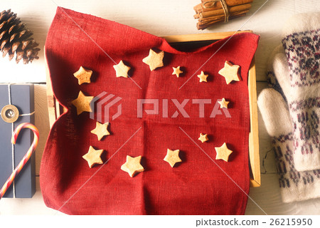 Christmas cookies on the red napkin in the tray Christmas cookies on the red napkin in the tray 26215950