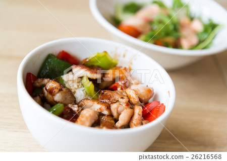 Hot meat salad in white plate Hot meat salad in white plate 26216568