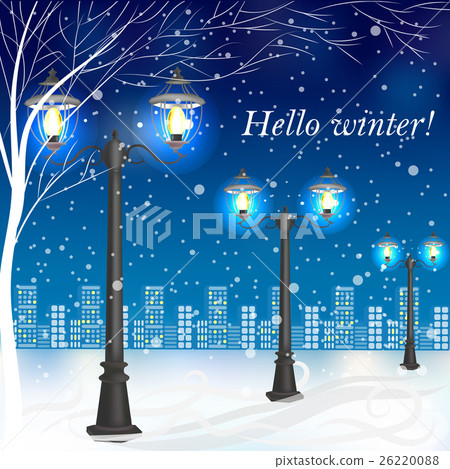 Winter evening landscape with vintage lampposts 26220088