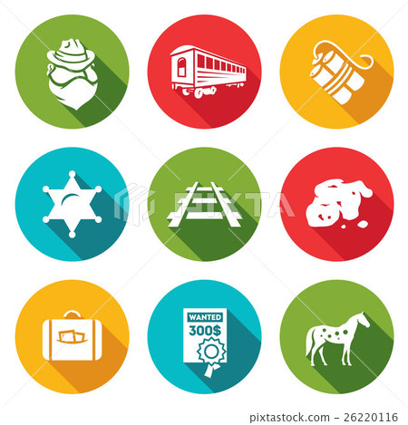 Train robbery in the Wild West icons set. Vector Train robbery in the Wild West icons set. Vector 26220116