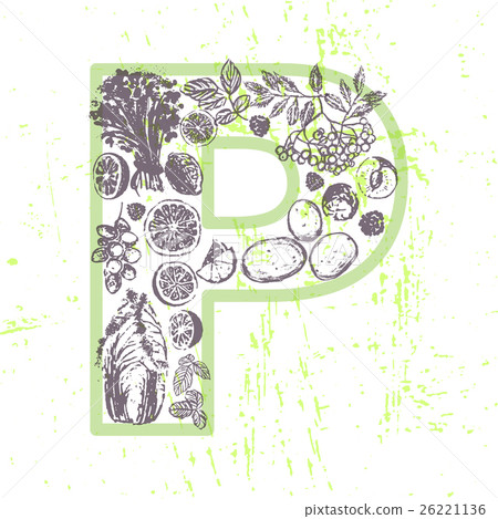 Ink hand drawn fruits and vegetables vitamin P 26221136