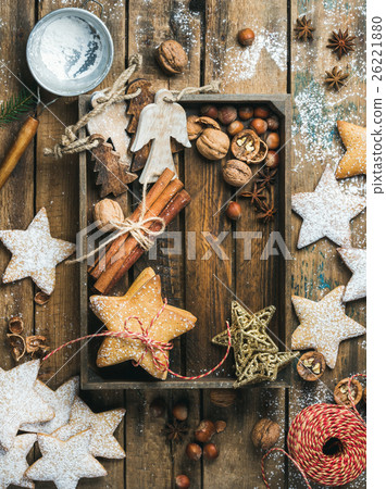 Wooden tray with cookies, decorative angels and Wooden tray with cookies, decorative angels and 26221880