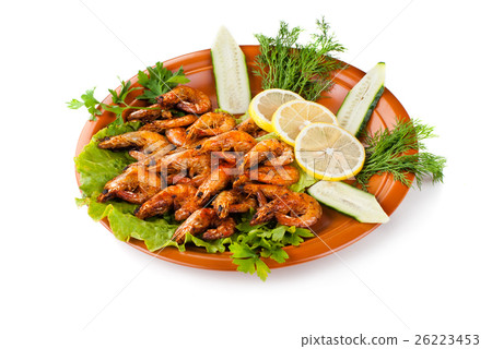 Fried Shrimps with Salad Leaves, cucumber 26223453