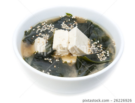 Japanese soup with herbs and cheese on white backg Japanese soup with herbs and cheese on white backg 26226926