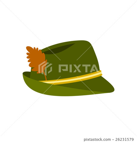 Green hat with feather icon, flat style 
