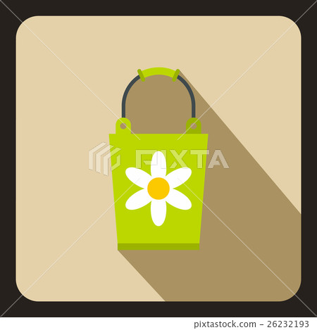Green bucket with flower icon, flat style Green bucket with flower icon, flat style 26232193