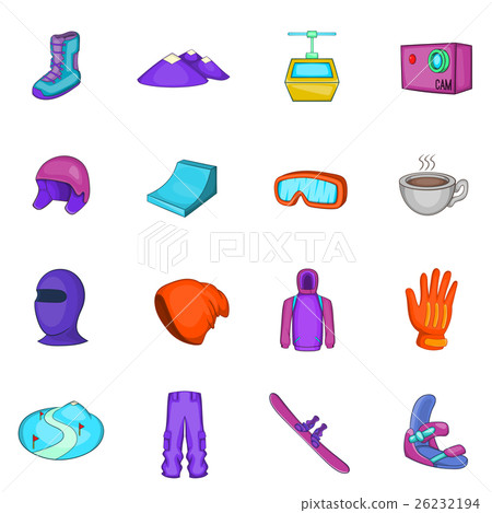 Snowboarding icons set, cartoon style Snowboarding icons set, cartoon style 26232194
